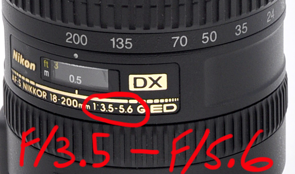 Nikon 18-200mm lens showing an aperture range of f/3.5 - f/5.6.